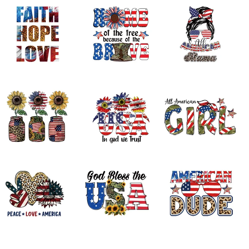 9piece Personalized  4th of July Transfers Clothing Thermal Stickers DIY Women Iron-on Patches For Clothes Stickers Decals