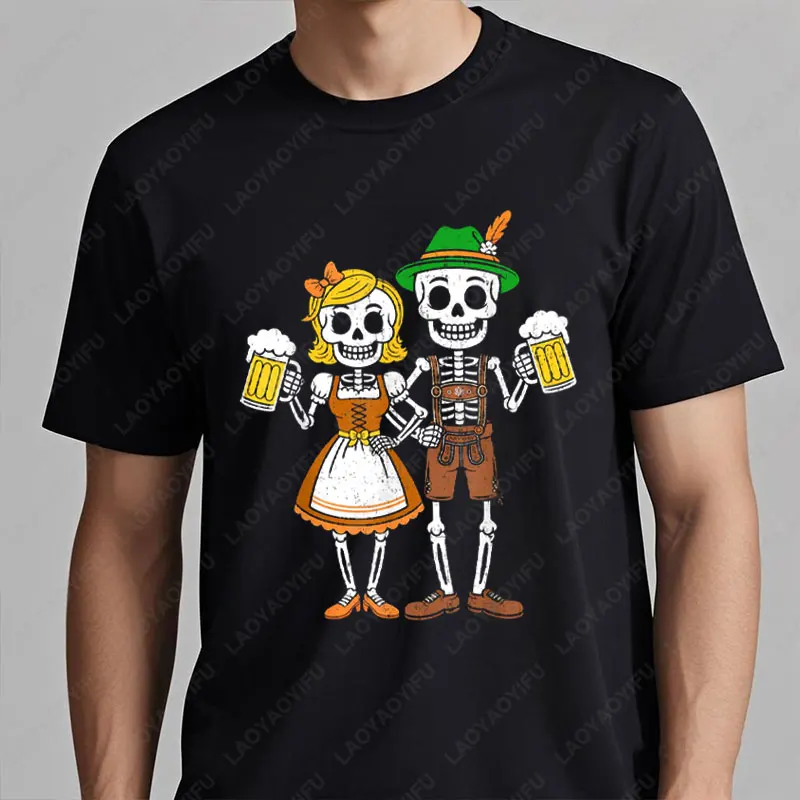 

Fashion Funny Skeleton Couple Oktoberfest Pretzel Beer Party Adults T-Shirt Women Men Streetwear Camisetas Ropa Hombre Tops Tee