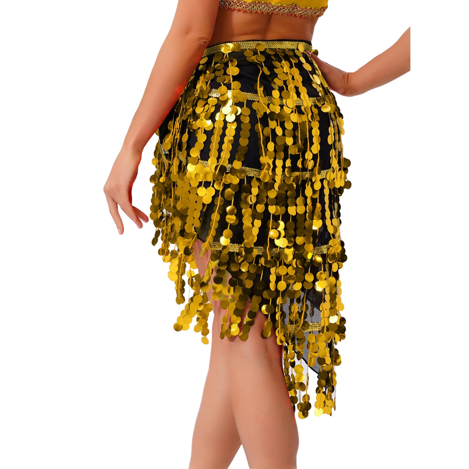 Womens Belly Dance Skirts Sheer Mesh Glittery Sequin Tassel Lace-up Triangle Hip Scarf Waist Chain Latin Dance Performance Skirt