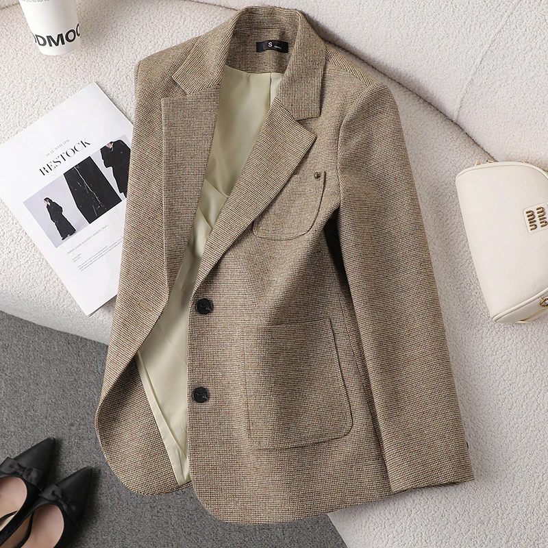 ZJYT Women Suit Blazer Elegant Woolen Coat 2025 Autumn Winter Jacket Office Ladies Tops Casual Vintage Outerwears Plus Size