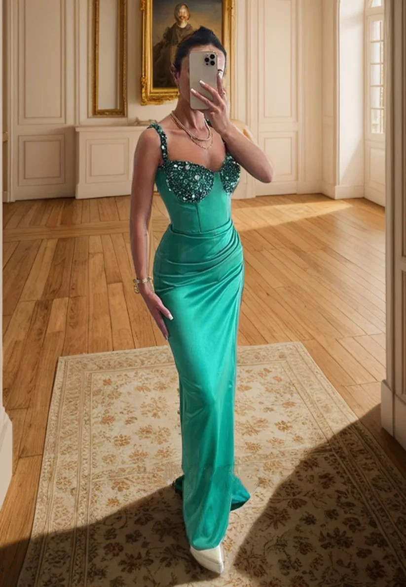 

Green Prom Dresses with Slit Stretchy Satin Beaded Sequined Spaghetti Straps Long Formal Party Women Graduation Evening Gowns