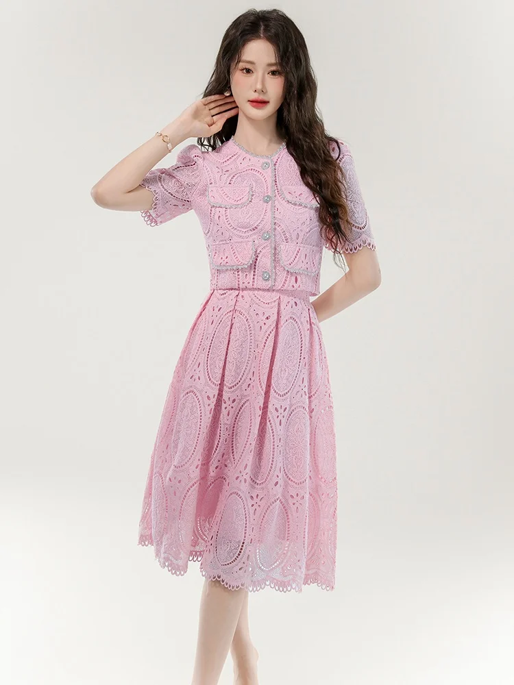 

Small Fragrance Style Top Two-Piece Set Light Luxury High-End Water-Soluble Lace Hollow Out Big Swing Skirt 2 Piece Outfits