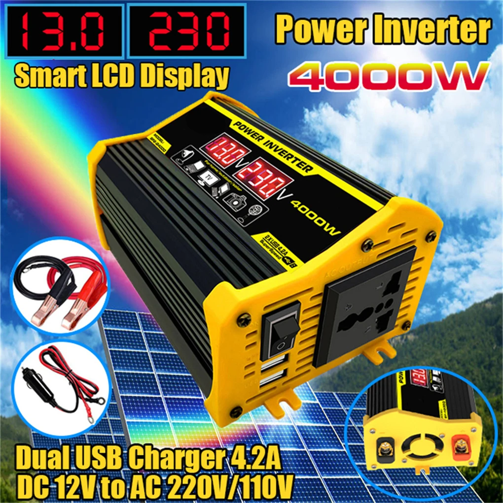 

4000W Motorcycle Scooter Inverter Camping Traveling Portable Digital Display Voltage Converter Fridge Yellow 110V