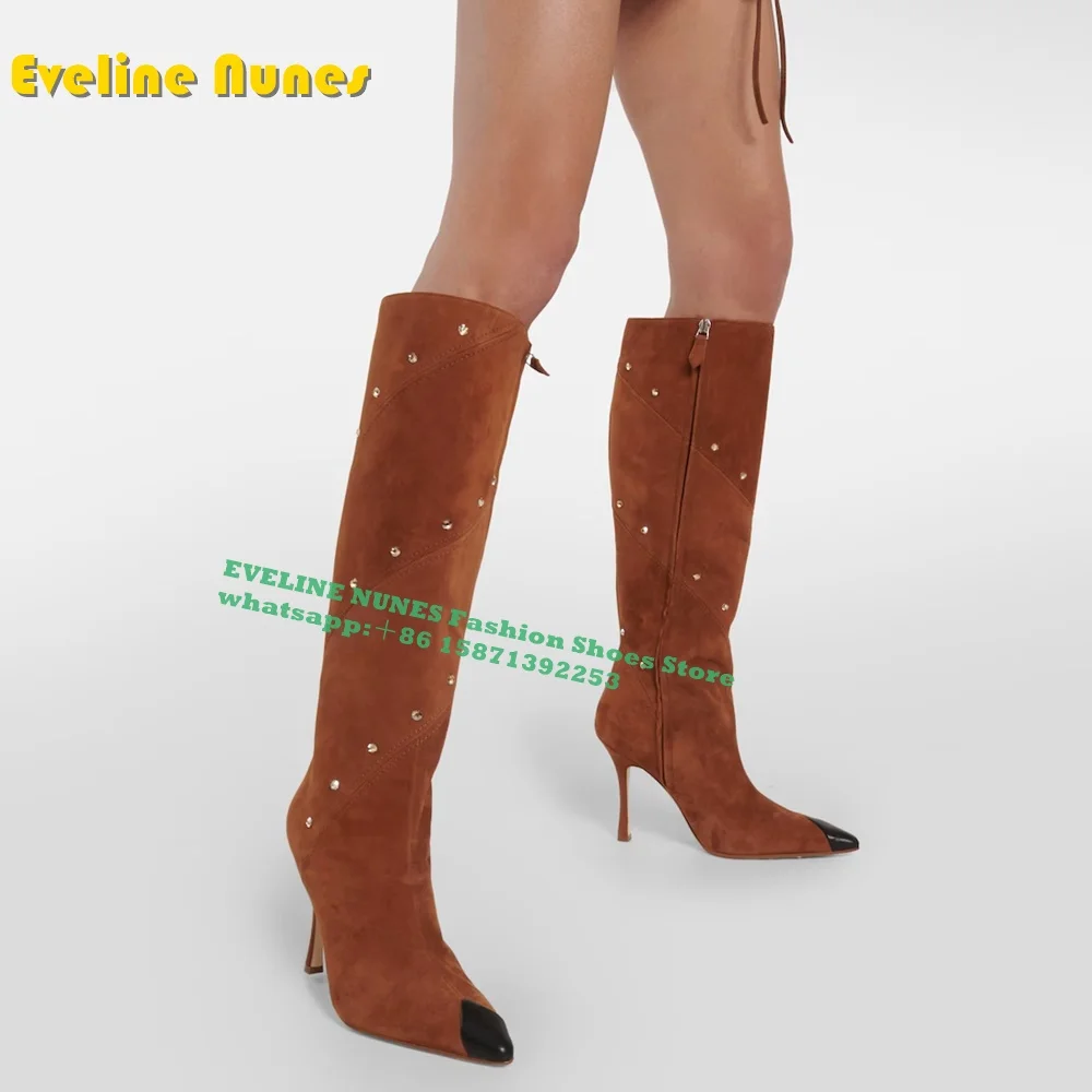 Brown Rhinestone Patchwork Retro Knee High Boots Pointed Toe Thin Heel Rich Embellished Zipper Closure Large Size Autumn Shoes