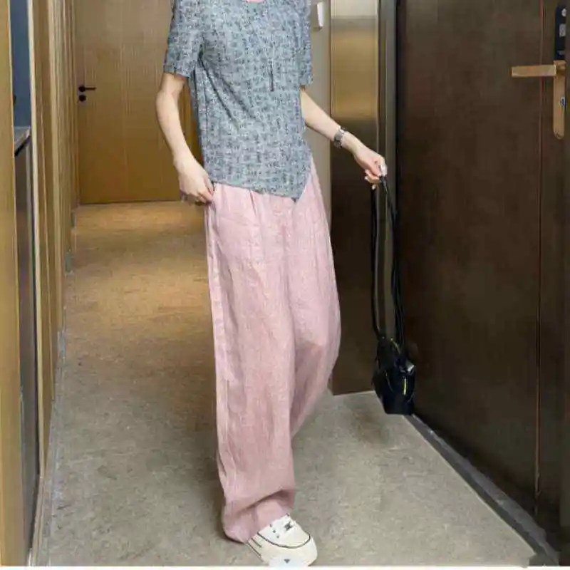 Różowe lniane spodnie z szerokimi nogawkami damskie letnie codzienne rozszerzane spodnie z niskim stanem zapinane na zamek błyskawiczny mieszanka bawełny haftowane detale