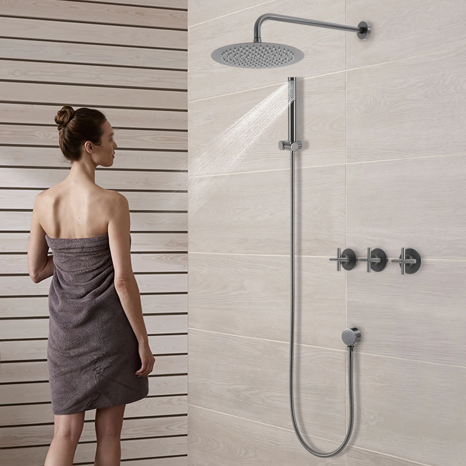 

Grey Modern Shower Set 10-Inch Stainless Steel Wall Mounted Shower Kit with Handheld Spray for Home Hotel Guesthouse