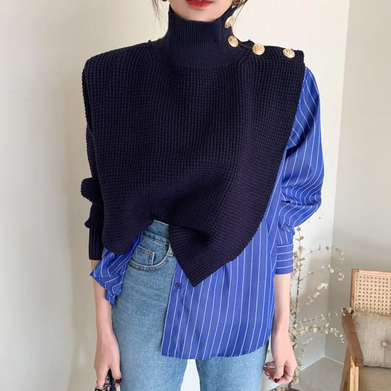 Spring Autumn Turtleneck Long Sleeve Sweater Women High Street Button Striped Patchwork Pullovers Elegant Cotton All-match Tops