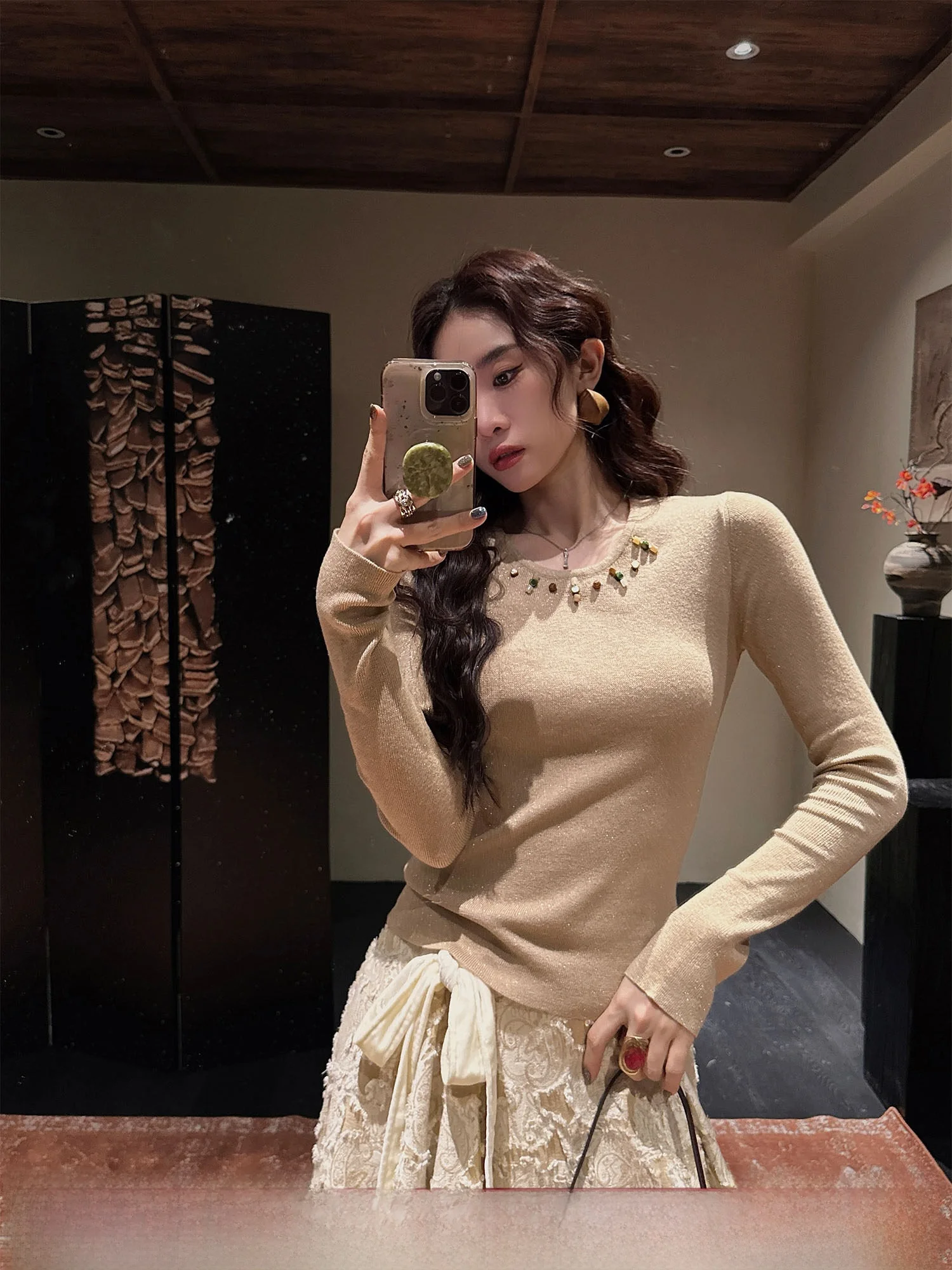 

Sanji Bla Flower Woolen Knitted Top Women's Base Layer irt Trendy Gold Weave eep Wool Knitted Sweater Commute Sle Loo...