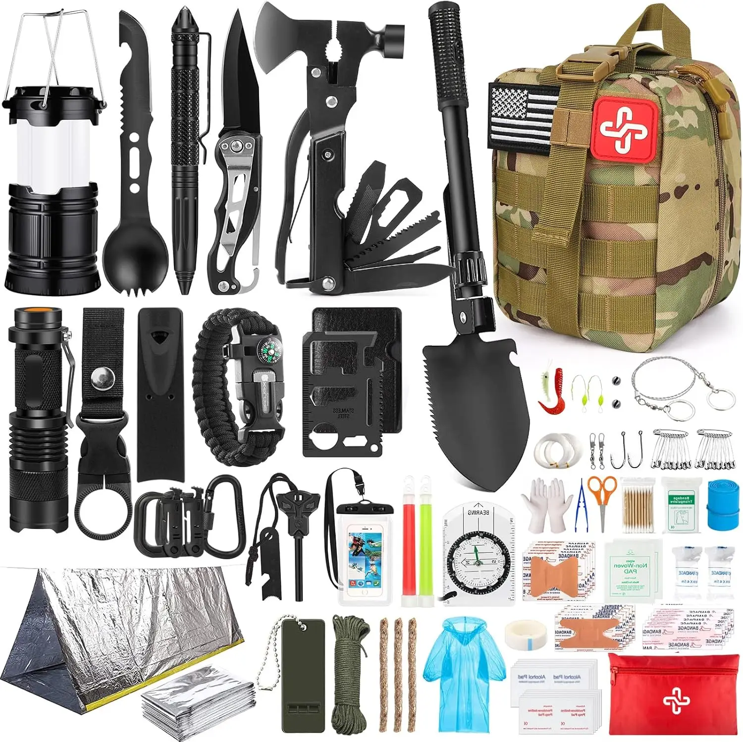 

250Pcs Survival Gear First Aid Kit with Molle Bag & Emergency Tent for Outdoor Adventure, Hiking, Hunting