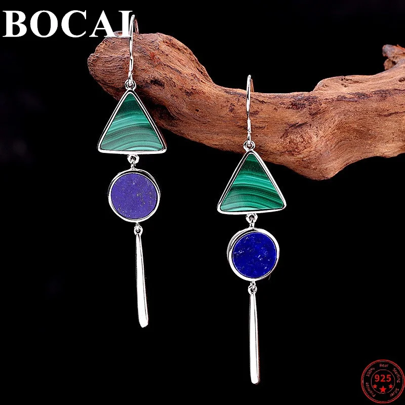 

BOCAI S925 Sterling Silver Earrings for Women Fashion Thai Silver Malachite Lapis Earrings Pure Argentum Jewelry Free Shipping