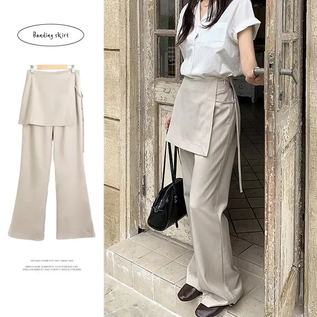 High Waist Rope Tied Illusory Two-Piece Slimming Drapey Casual Pants Women's Straight Leg Long Pants Summer Thin Material