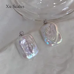 Aurora White Natural Freshwater Baroque Square Pearl Stud Earrings Simple Design Premium Sterling Silver Needle Zircon Earrings