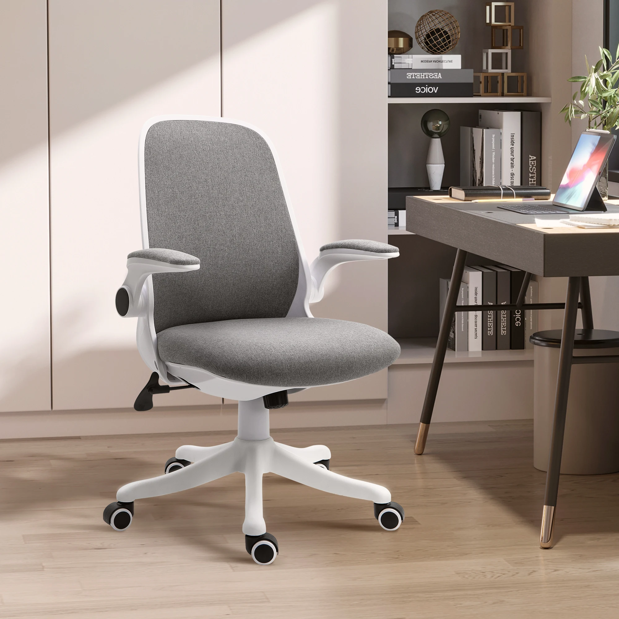 Vinsetto Linen-Touch Fabric Office Chair Swivel Task Chair with Adjustable Lumbar Support, Height and Flip-Up Arms, Grey