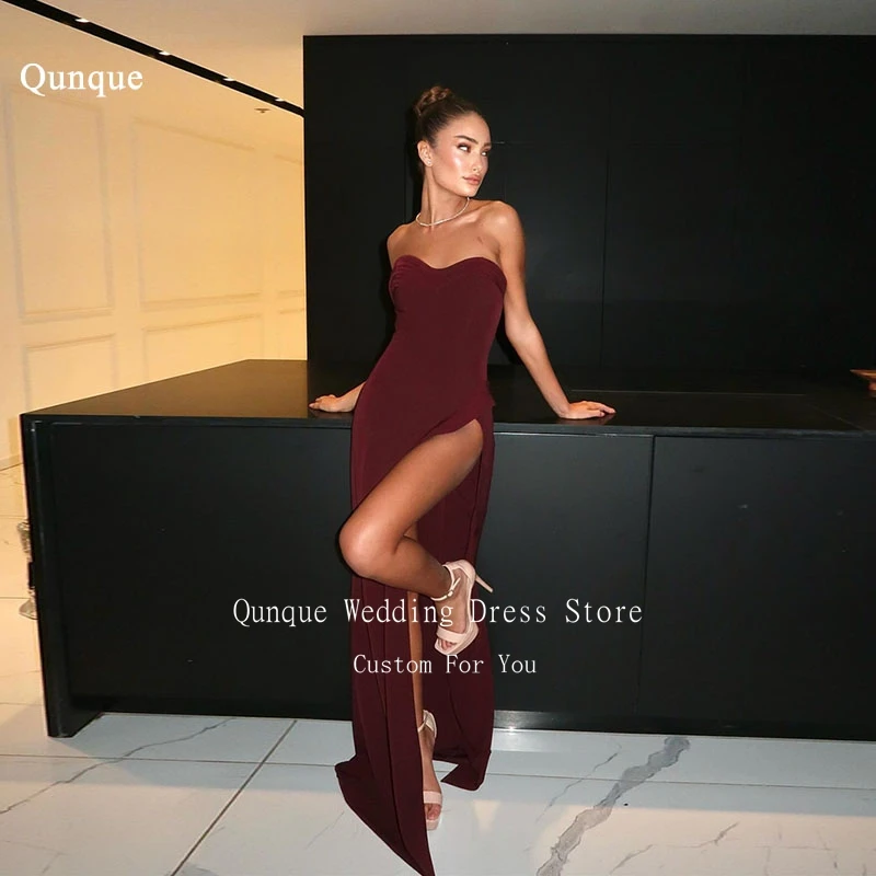 

Qunque Modest Satin Pleats Evening Dress High Slit Sexy Mermaid Vestidos De Verano Burgundy Lace Up Back Prom Dresses Customized