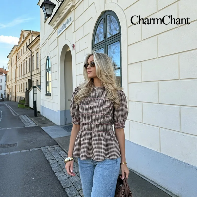 CHARMCHANT Women's Cotton Gingham Puff Sleeve Smocked Blouse Cute Peplum Top French Style Casual Round Neck Spring Summer 2026