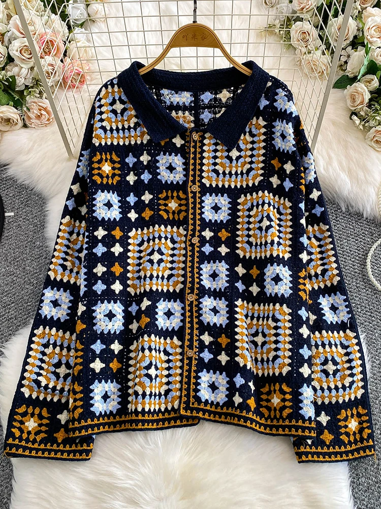 เสื้อคาร์ดิแกนผู้หญิงสไตล์โบฮีเมียนถักลายดอกไม้แบบโปร่ง คอปกพับได้ สีสันสดใส รุ่นใหม่สำหรับฤดูใบไม้ร่วง รุ่น CG020