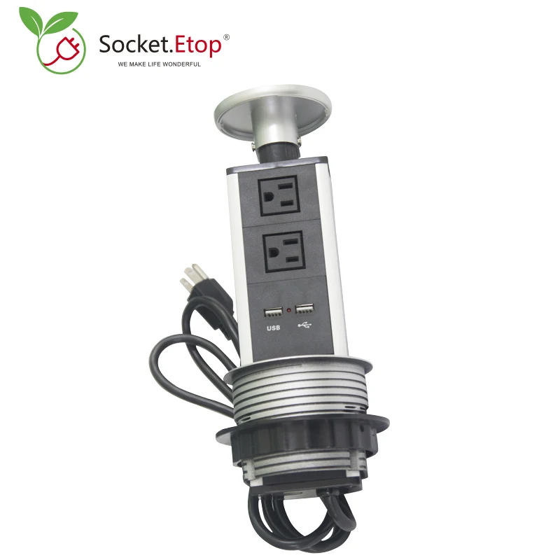 Promotion American US Plug Pulling Pop Up Socket Double Power Outlets  2 USB for Kitchen Worktop Aluminium Alloy