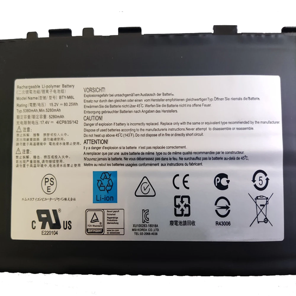 CP Laptop Battery BTY-M6L 15.2V 5280mAh 80.25Wh For 8RF GS65 PS42 8RB PS63 PS63 8RC 8RE 8RB 8RC 8RF MS-16Q3