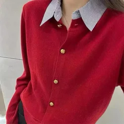 Fake Two shirts Collar Sweater Women's Autumn Outfit New Lazy Linterior Contrasting Color Gray Knit Sweater Top With Flip Collar