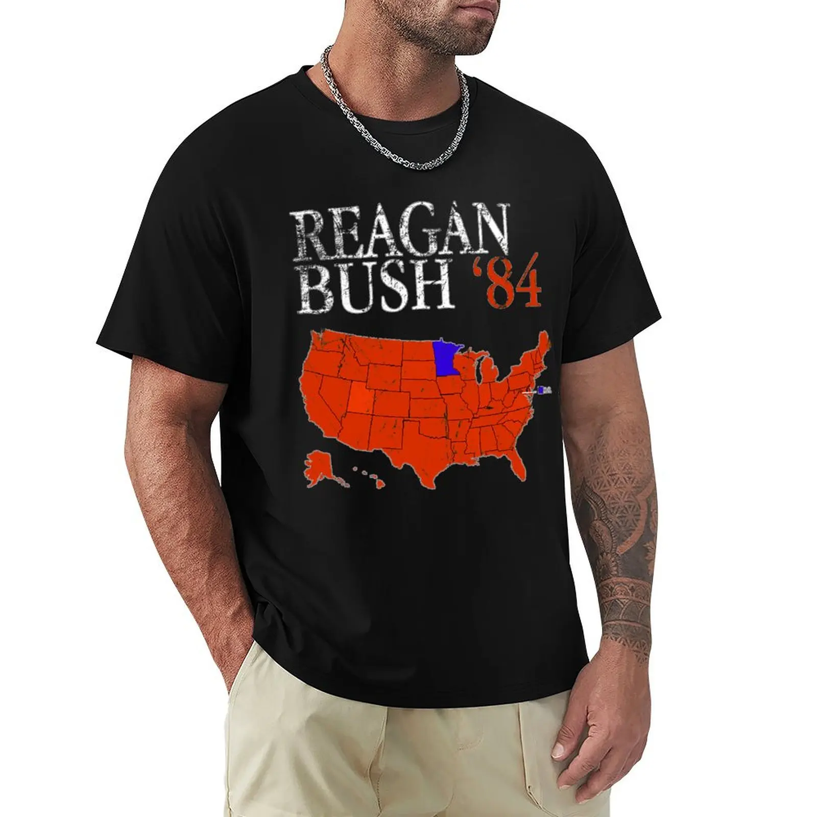 

Vintage Style Distressed Reagan Bush '84 Retro Logo Red White Blue Election Map Ronald George 1984 84 Red States T-Shirt