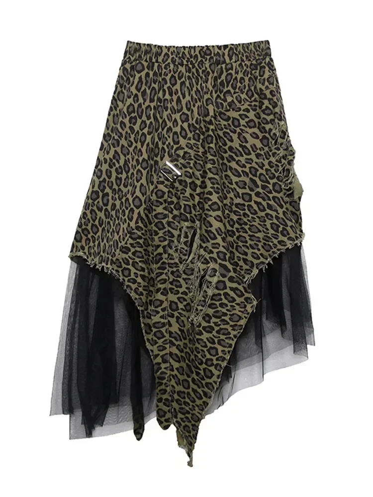 XITAO Pleated Leopard Lace Midi Skirt Women Irregular Print 2019 Pole Wild Joker Summer Punk Style Korea Fashion New  XJ1689