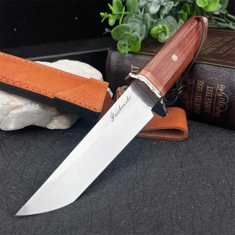 

Outdoor Tactical Straight Knife 9Cr13Mov High Carbon Steel Blade, Red Acidwood Handle Ergonomically Designed for Camping Hiking