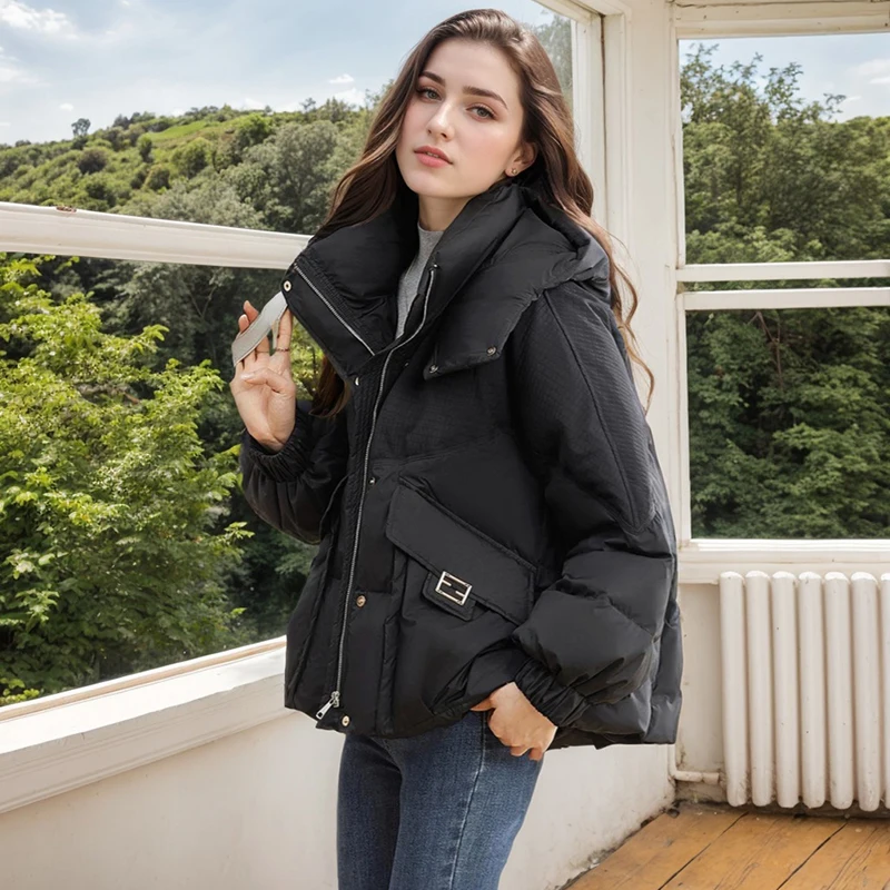 Winter New Loose Thick Warm Down Coat Commuter Style Solid Color Zipper Pocket Drawstring Coat Casual Long Sleeve Hooded Jackets