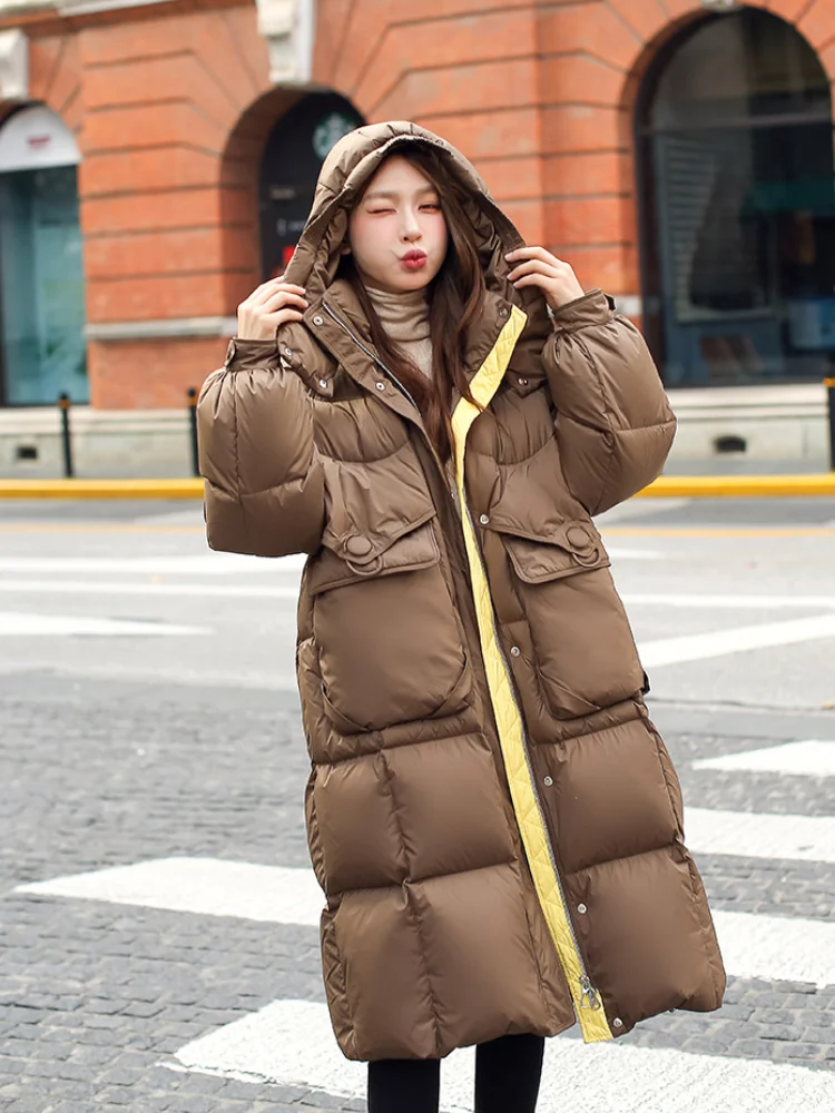 White Duck Down Jacket for Women, Oversized, Long, Slim, Hooded, Large Pockets, Parka, Elegant Temperament Coats