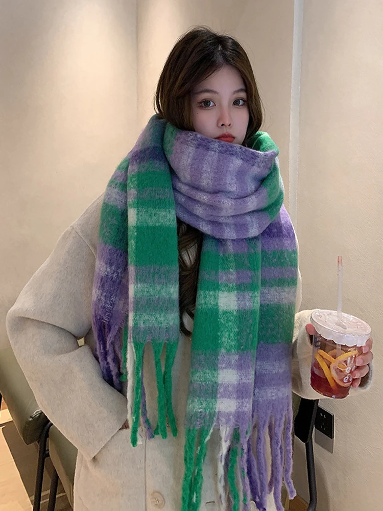 

Rainbow Plaid Autumn and Winter Imitation Cashmere Coarse Beard Tassel New Scarf Women's Versatile Mohair Warm Neck Thick Shawl