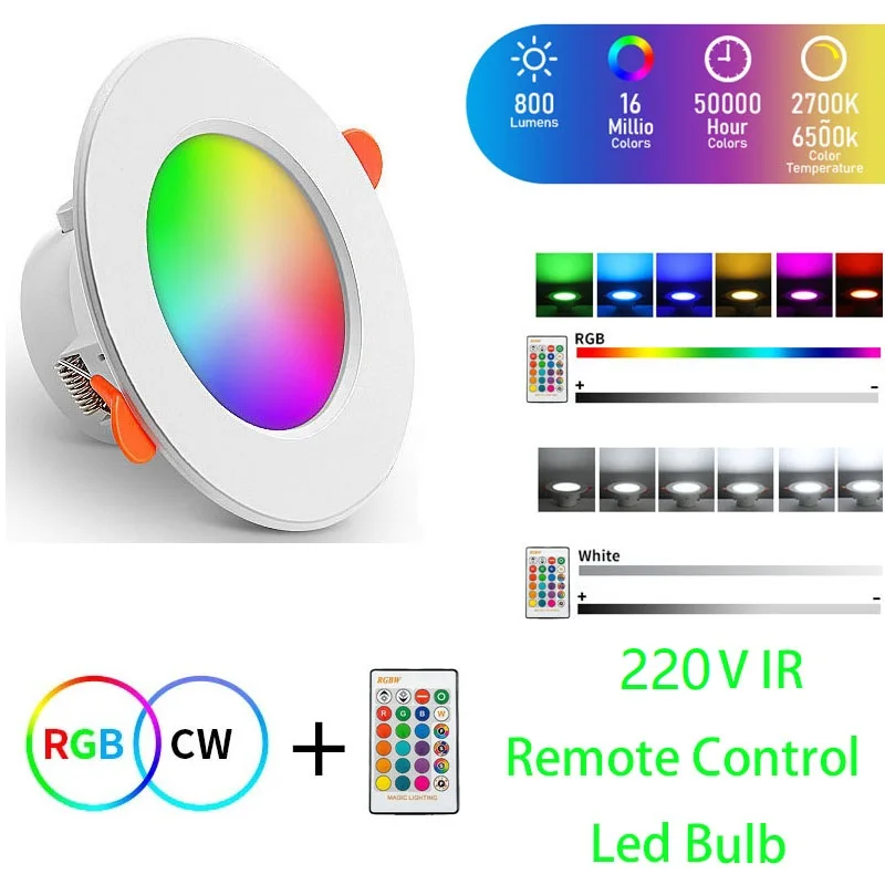 

AC 220V LED Ceiling Lamp 10W 15W RGBCW Color Changing Dimmable LED Downlight With Remote Control Recessed Ceiling Light