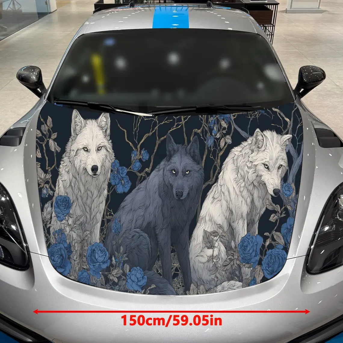 Mythical Wolf & Rose Dominance Adventure PVC Car Hood Wraps, Self-Adhesive Waterproof Car Bonnet Decal Sticker, Car Decoration P