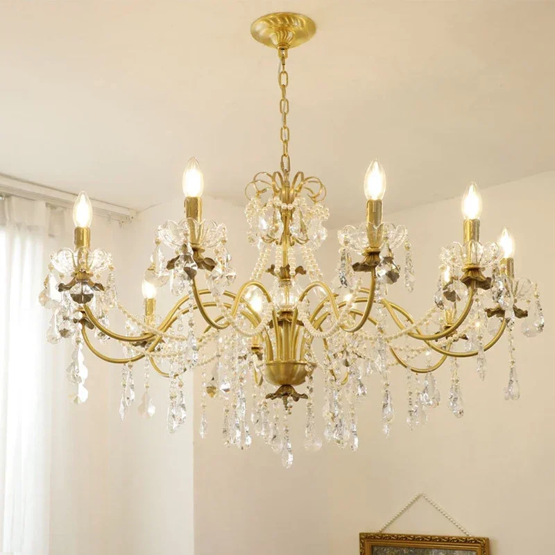 French Retro Crystal Pearl Chandeliers Luxurious Brass Villa Living Dining Candle Pendant Lights Lighting Bedroom Lustre Lamps