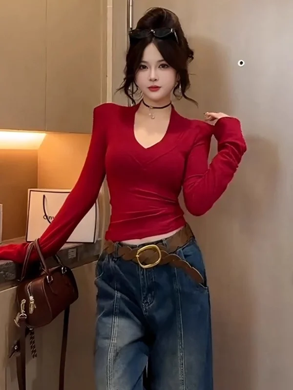 

Потрясающая женская футболка с v-образным вырезом Long Sve, утягивающий базовый слой, внутренняя одежда, топ на осень-зиму, модная повседневная футболка