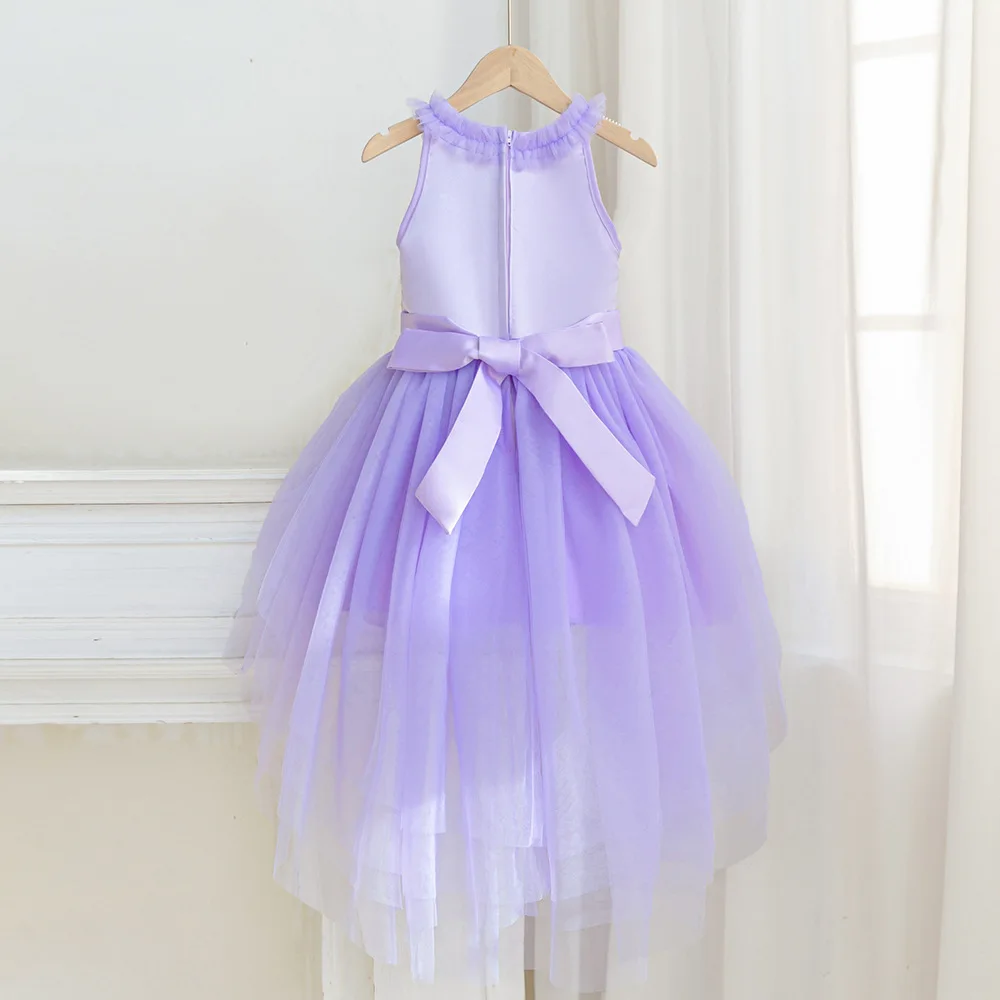 HETISO Kids Girls Sequins Trailing Dress Sleeveless Sweet Purple Tulle Dance Performance Costumes For Children 4-10 Years