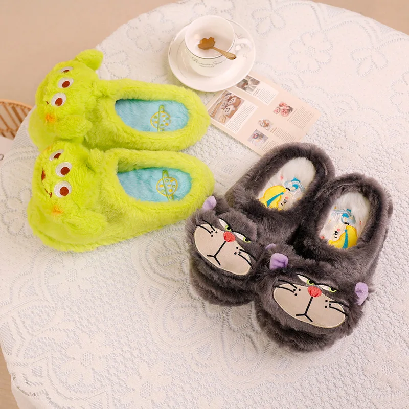 Disney Plush Slippers Cartoon Alien Baotou Warm Slippers Autumn And Winter Indoor Anti-slip Lucifer Cat Couple Home Slippers