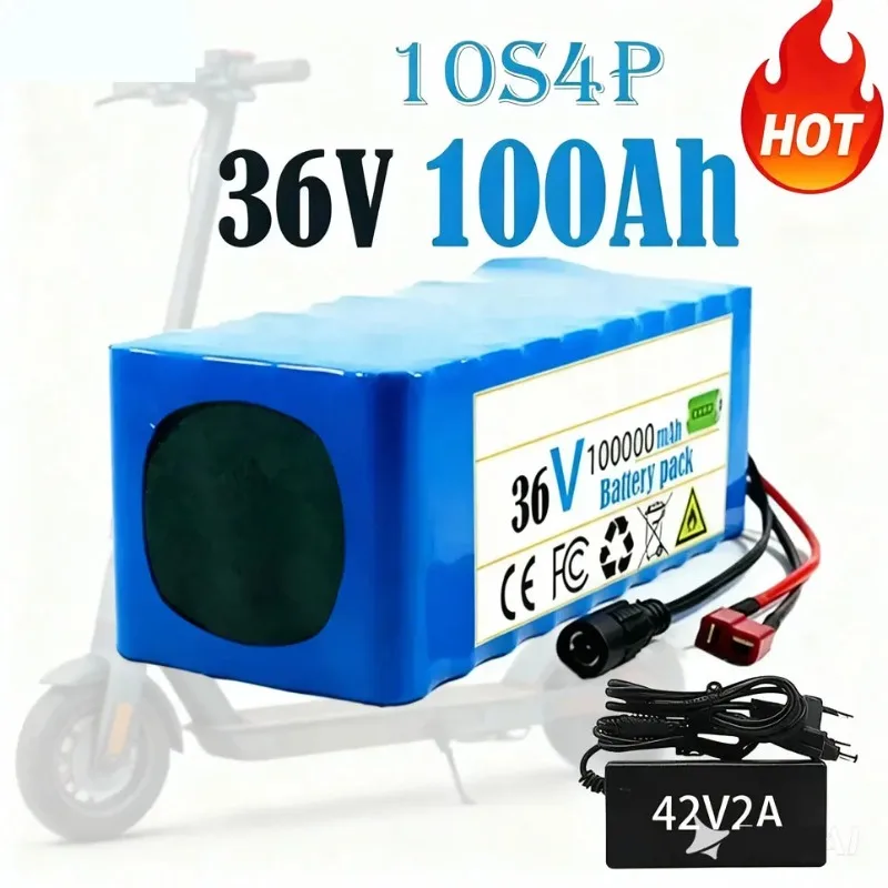 Batterie au lithium 10S4P 100Ah, 36V grande capacité, utilisée pour les vélos et les scooters électriques, y compris prise BMS XT60 et chargeur