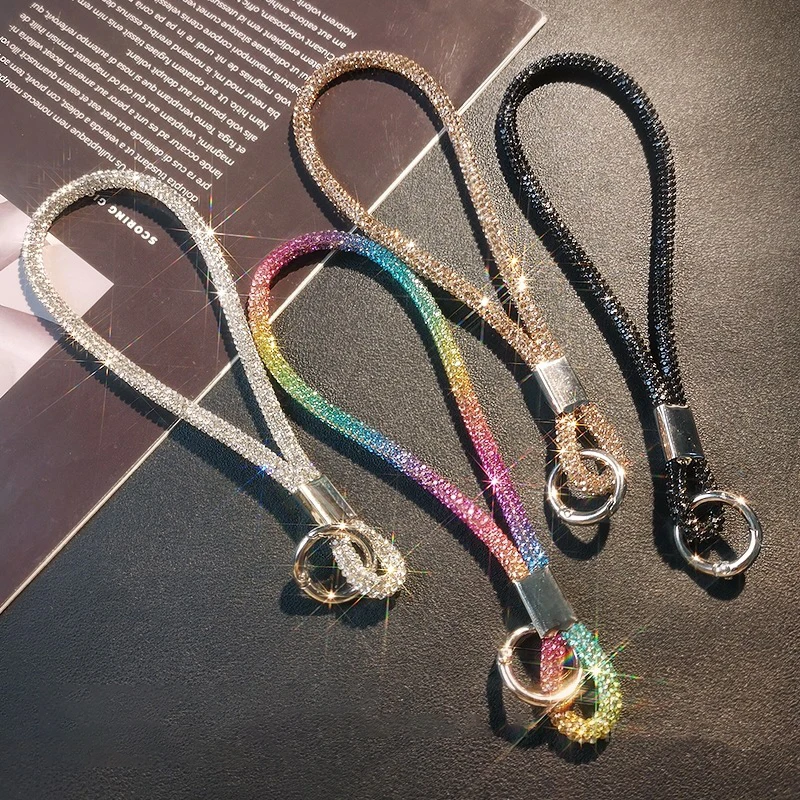 1pcs Glitter Full Diamond Keyring Phone Lanyard Crystal Short Wrist Strap Rhinestone Keychain Hanging Ornament Anti-lost Rope