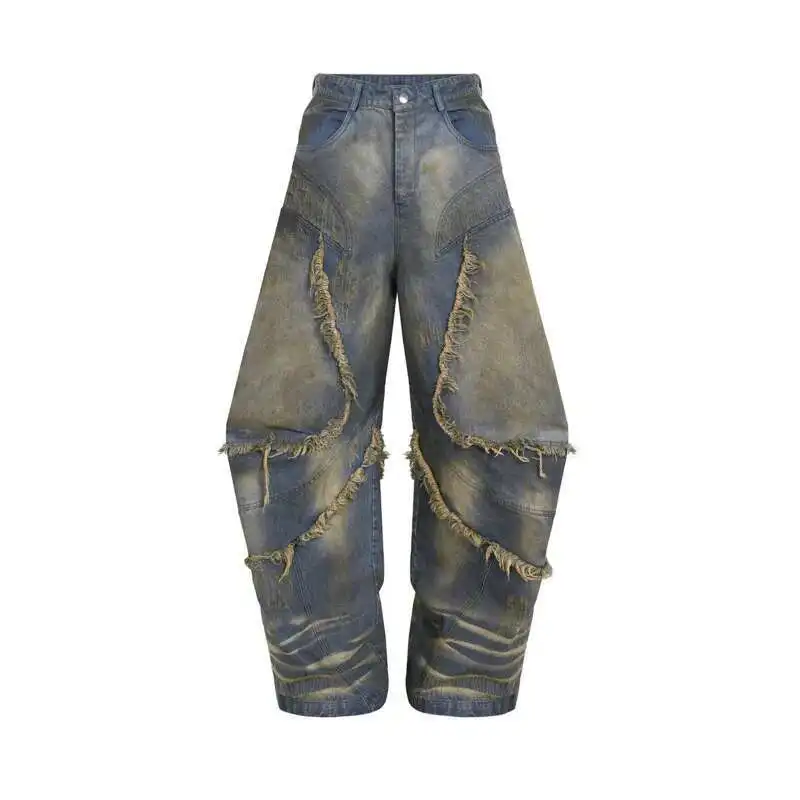 HKSH Spring New Men's Tide Punk American Style Distressed Soil Denim Pants Spliced Chic Patchwork Baggy Jeans Heavy Retro HK4477