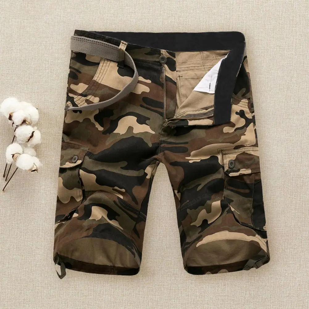 Men Knee Length Pants Camouflage Print Multi Pockets Loose Outdoor Camping Hiking Training Shorts Casual Sport Trousers