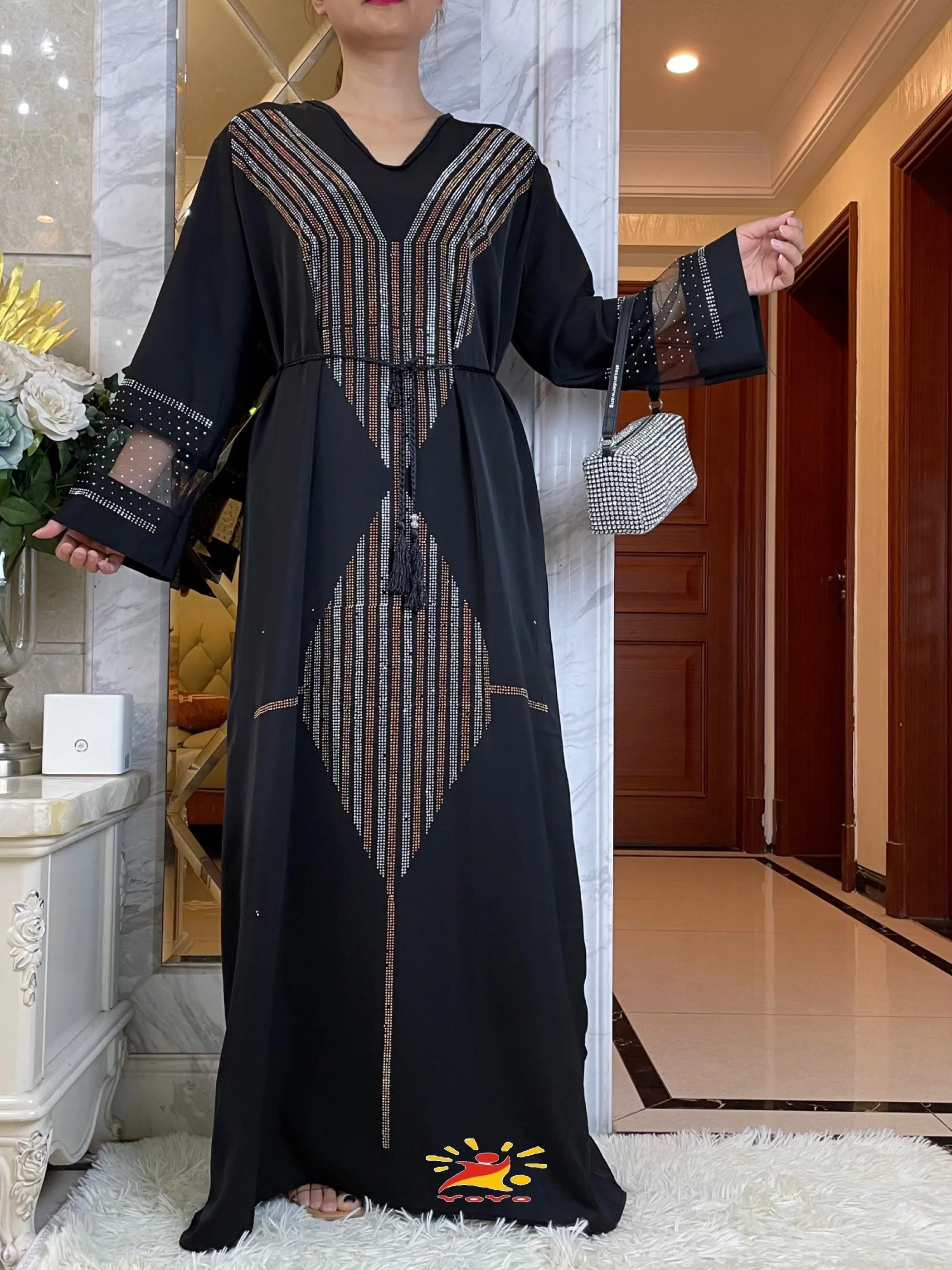 

2023 Autumn Abaya Muslim Woman Long Sleeve Dress Ramadan Prayer Diamonds Kaftan Arabic Islamic Chiffon Clothing Moroccan Caftan