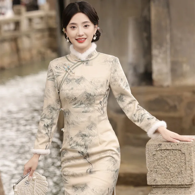 Mandarin Collar Chinese Traditional Dress Vintage Printed Cheongsam Plus Size Slim Classic Elegant Qipao Winter Thickened Qipao