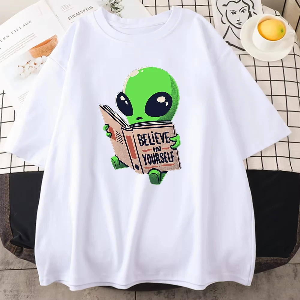 Green Alien Prints Believe In Yourself Print Men Cotton T-Shirts Oversize Casual All-math Tee Tops Creativity Mans Short Sleeve