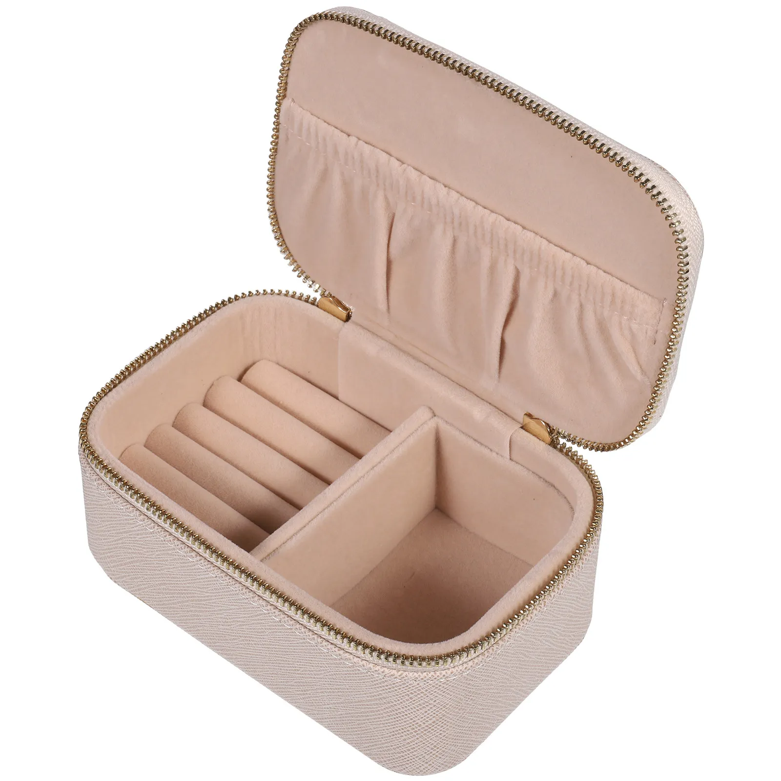 

Portable Jewelry Storage Box Small Travel Case PU Beige Zipper Closure Organizer for Rings Earrings Necklace Accessories