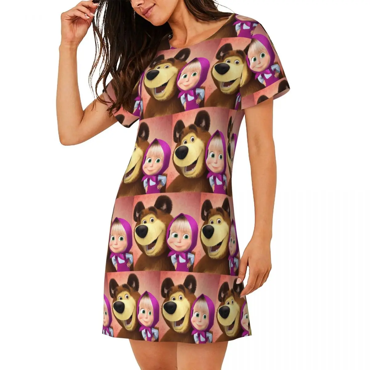Cartoon Masha And The Bears Short Sleeves Nightdress For Sleeping Sleepshirts Women Short Sleeve Nightgowns Soft Pajama Dress