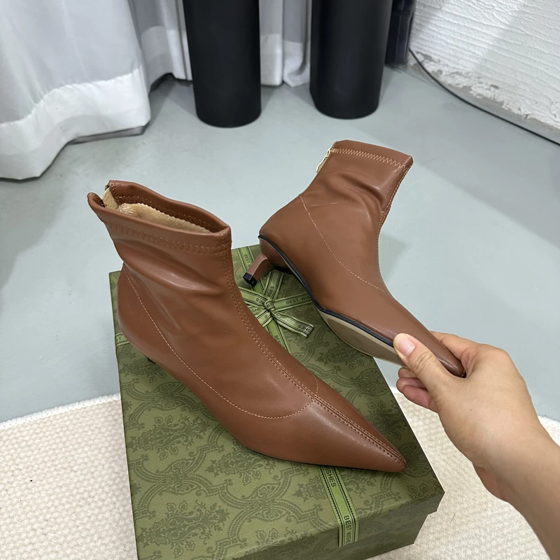 SUOJIALUN 2023 Winter New Women Ankle Boots Fashion Pointed Toe Ladies Elegant Short Boot Thin Low Heel Outdoor Dress Pumps Shoe