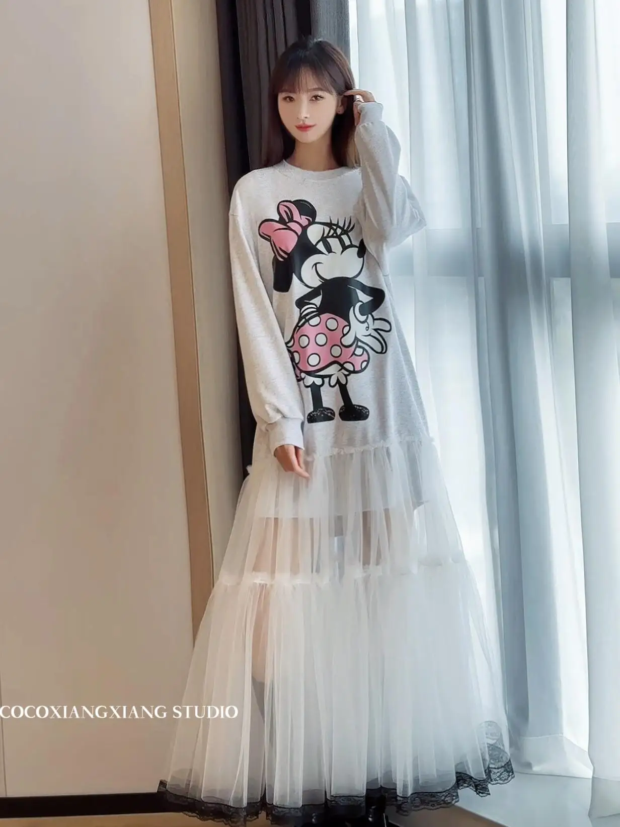 Sweet Cartoon Long Sweatshirt Female 2024 Autumn Winter Splicing Heavy Industry Mesh Lace Loose Long Casual Dress for Women