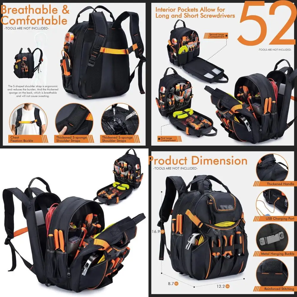 

Men's Heavy-Duty Waterproof Tool Backpack with Laptop Compartment and USB Port for Electricians and Construction Workers