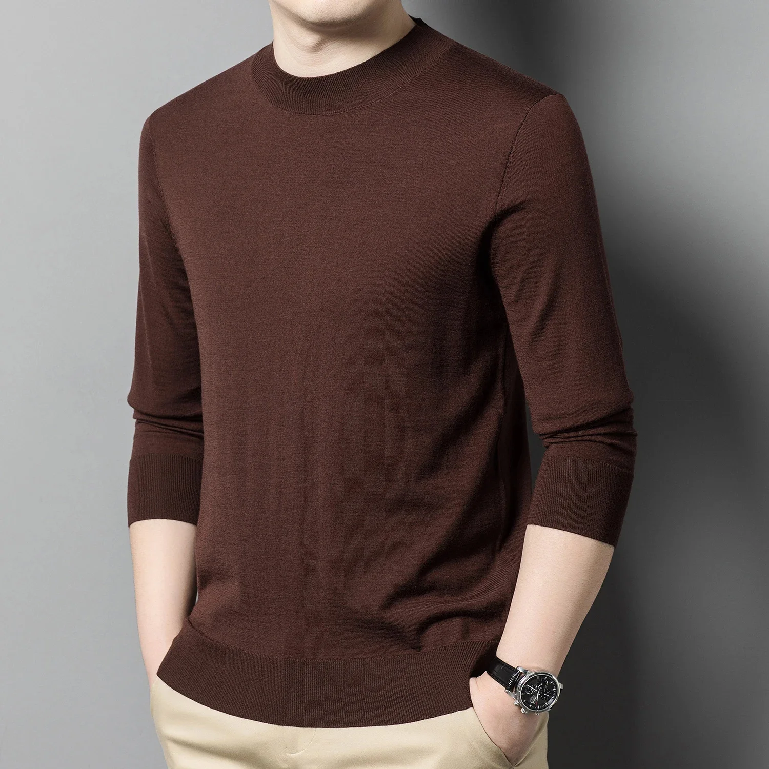 Luxury Men's Sweater 100% Fine Wool Autumn Thin Solid Color Casual Simple round Neck Pullover Knitting Woolen