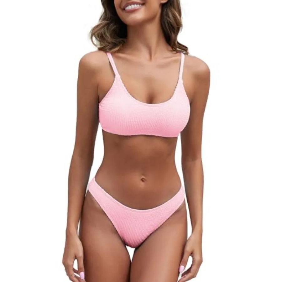 Fanuerg Women's Ribbed Bikini Sets Scoop Neck Cheeky Swimsuit Textu Two Pcs Bathing Suit