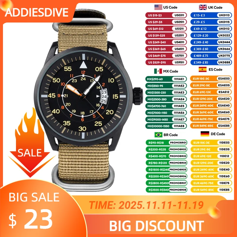 ADDIESDIVE JD1508 Men's Quartz Watch Round Hardlex Dial Window Watches Nylon Strap 50M Waterproof Wirstwatches Relogio Masculino